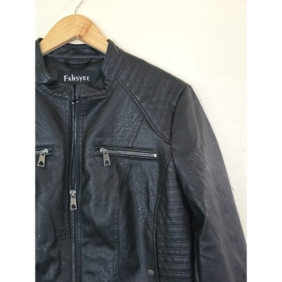 Fahsyee Black Faux Leather Biker Jacket Womens Size Medium Grunge Moto - Picture 4 of 9